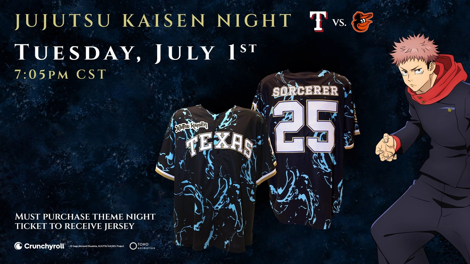 Jujutsu Kaisen theme night jersey with anime depiction of yuji next to it
