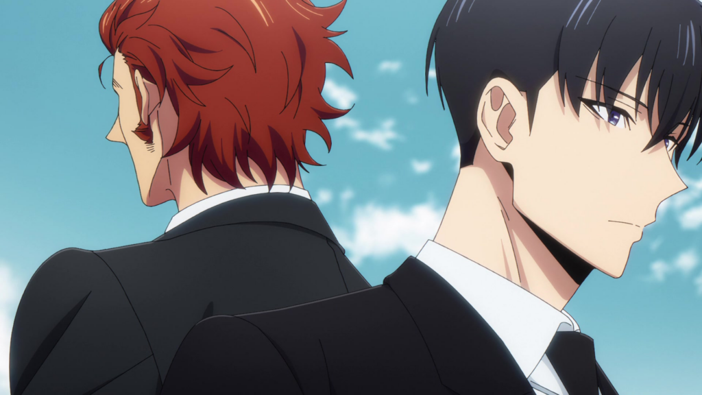 jin-woo and baek yoonho are back to back at a funeral talking