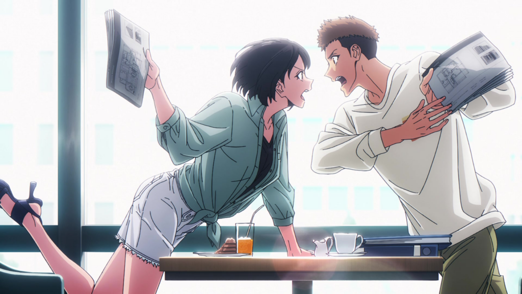 solo leveling characters jinho and song-yi argue over a table while holding documents