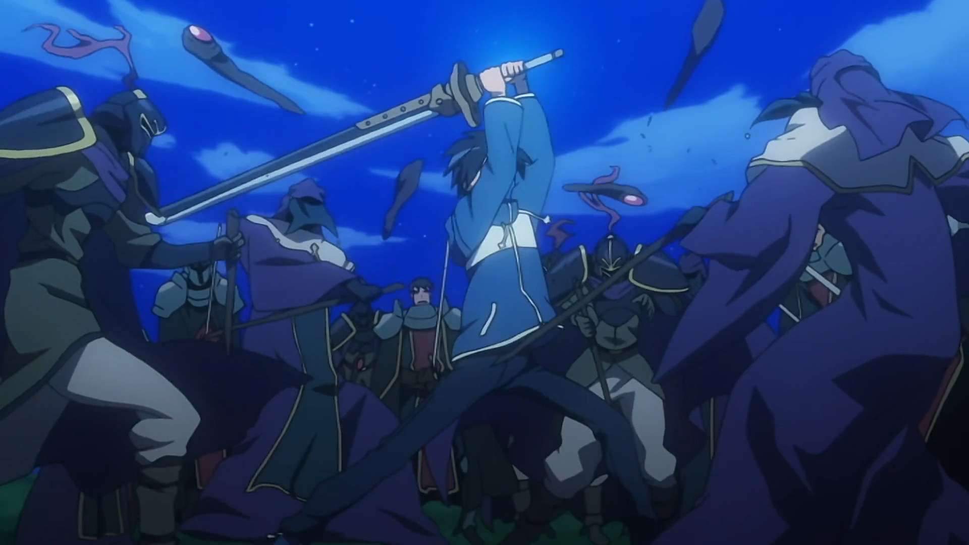Zero no Tsukaima character Saito fighting multiple opponents