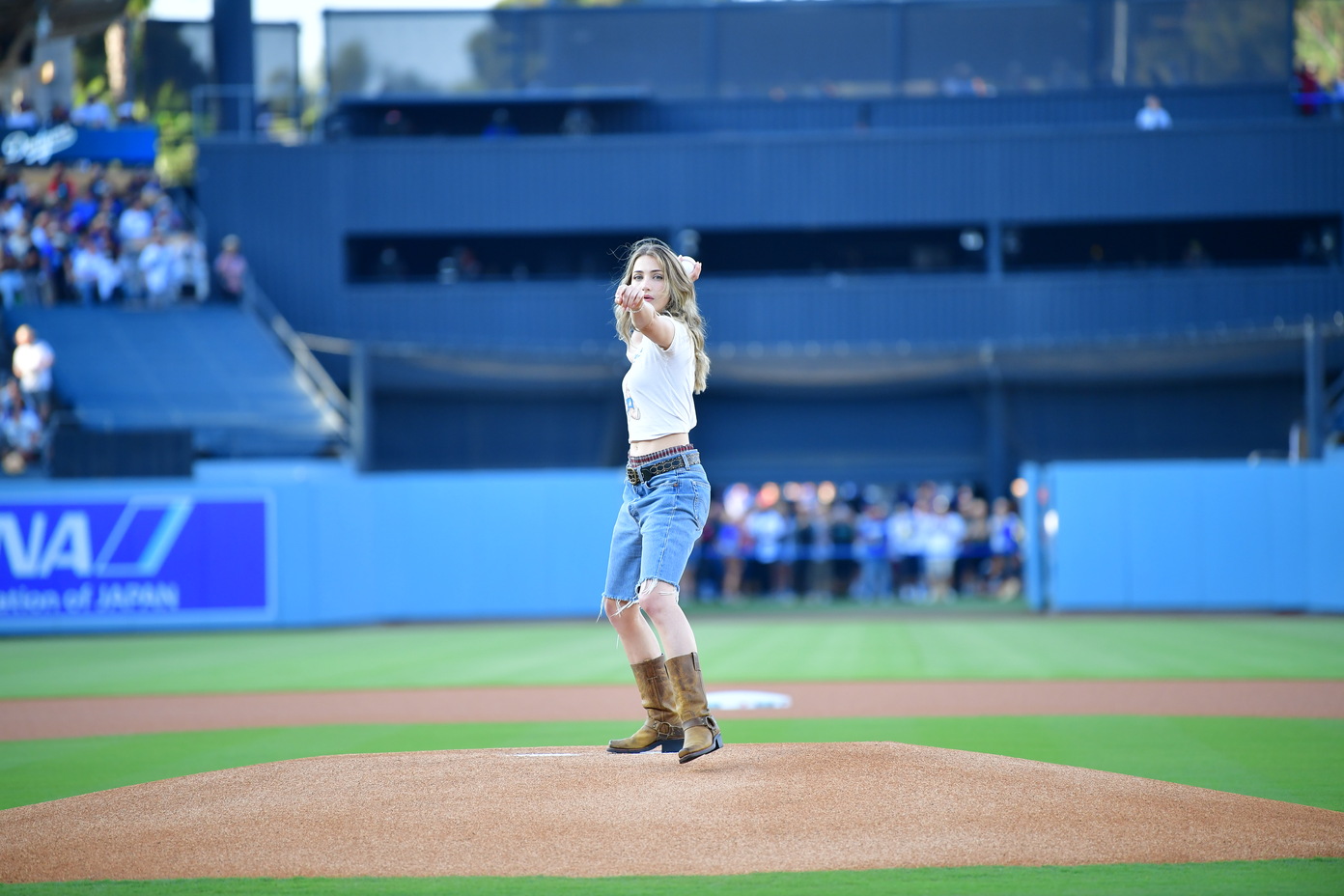 emily rudd throws one piece night first ceremonial pitch