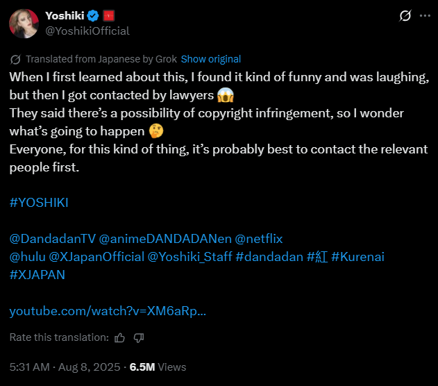 yoshiki post about possible copyright infringement due to dan da dan hunting soul