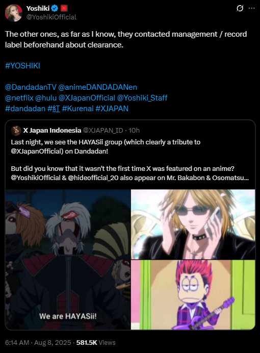 yoshiki post saying that previous x japan anime homages have contacted beforehand