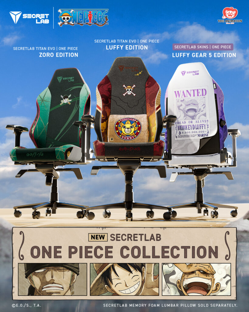 black-green, orange-green, and white-purple one piece chairs by secretlab inspired by zoro and luffy