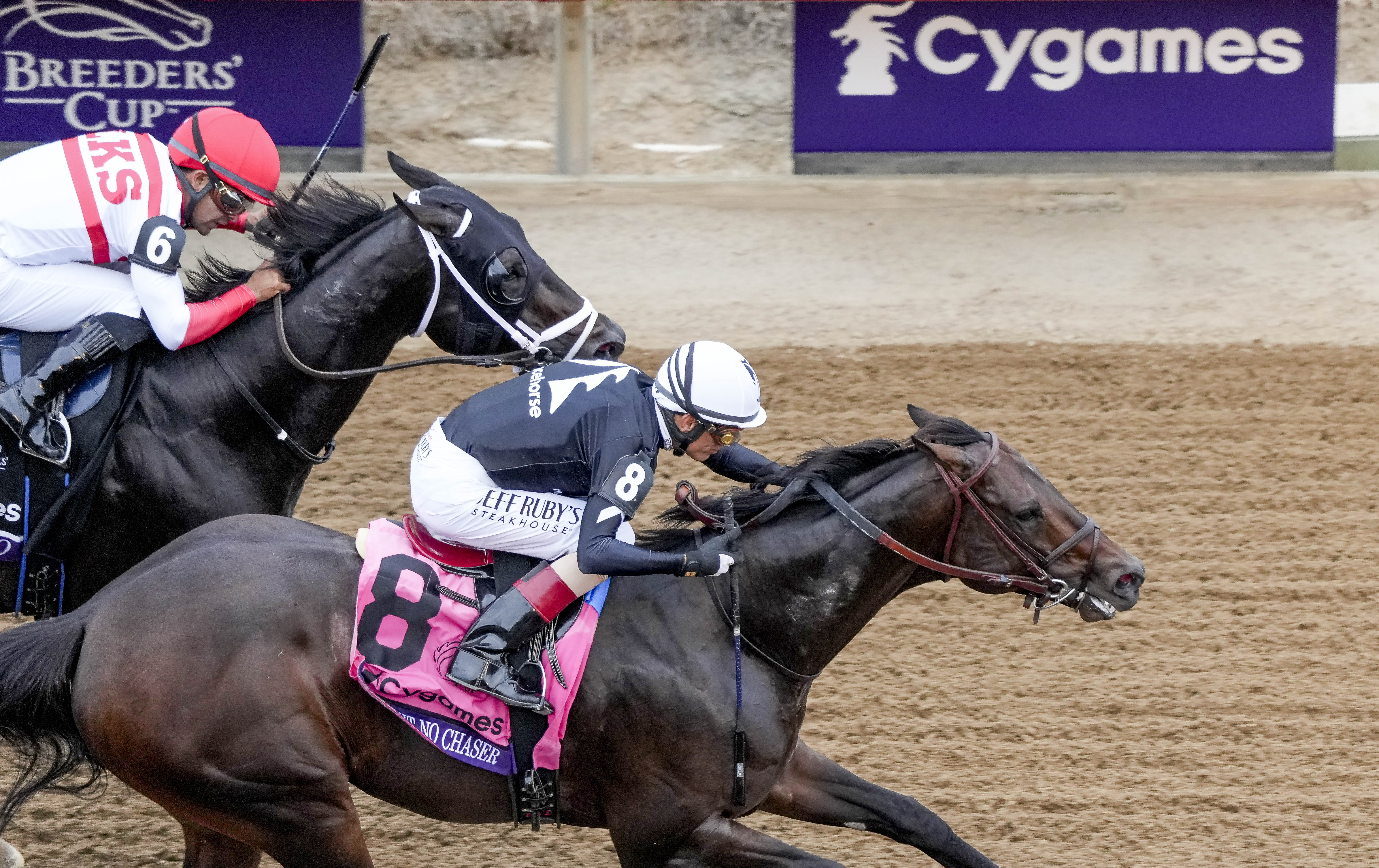 Straight No Chaser (8), ridden by John Velazquez, wins the Cygames Breeders’ Cup Sprint
on Breeders’ Cup Championship Saturday at Del Mar Thoroughbred Club in Del Mar, California on November 2, 2024. John Voorhees/Eclipse Sportswire/Breeders Cup