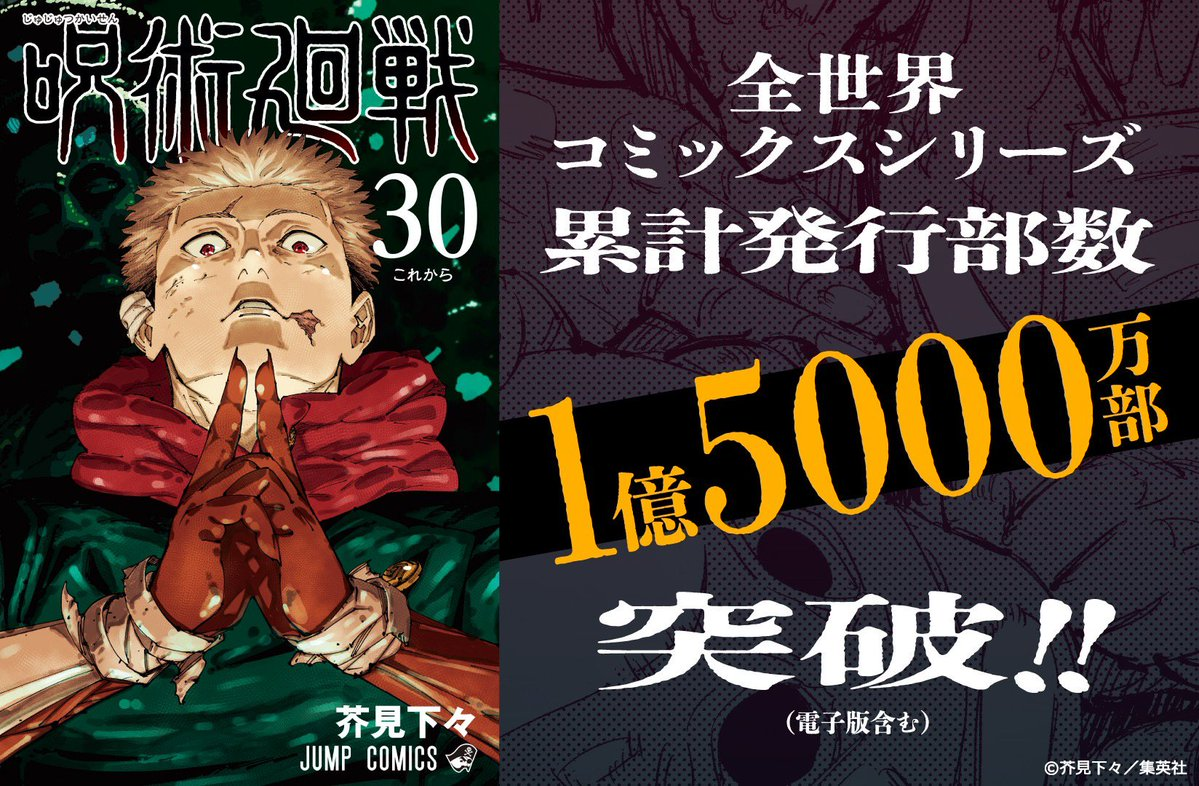 jujutsu kaisen character yuji positioned next to text that says the series has passed 150 million copies in circulation worldwide